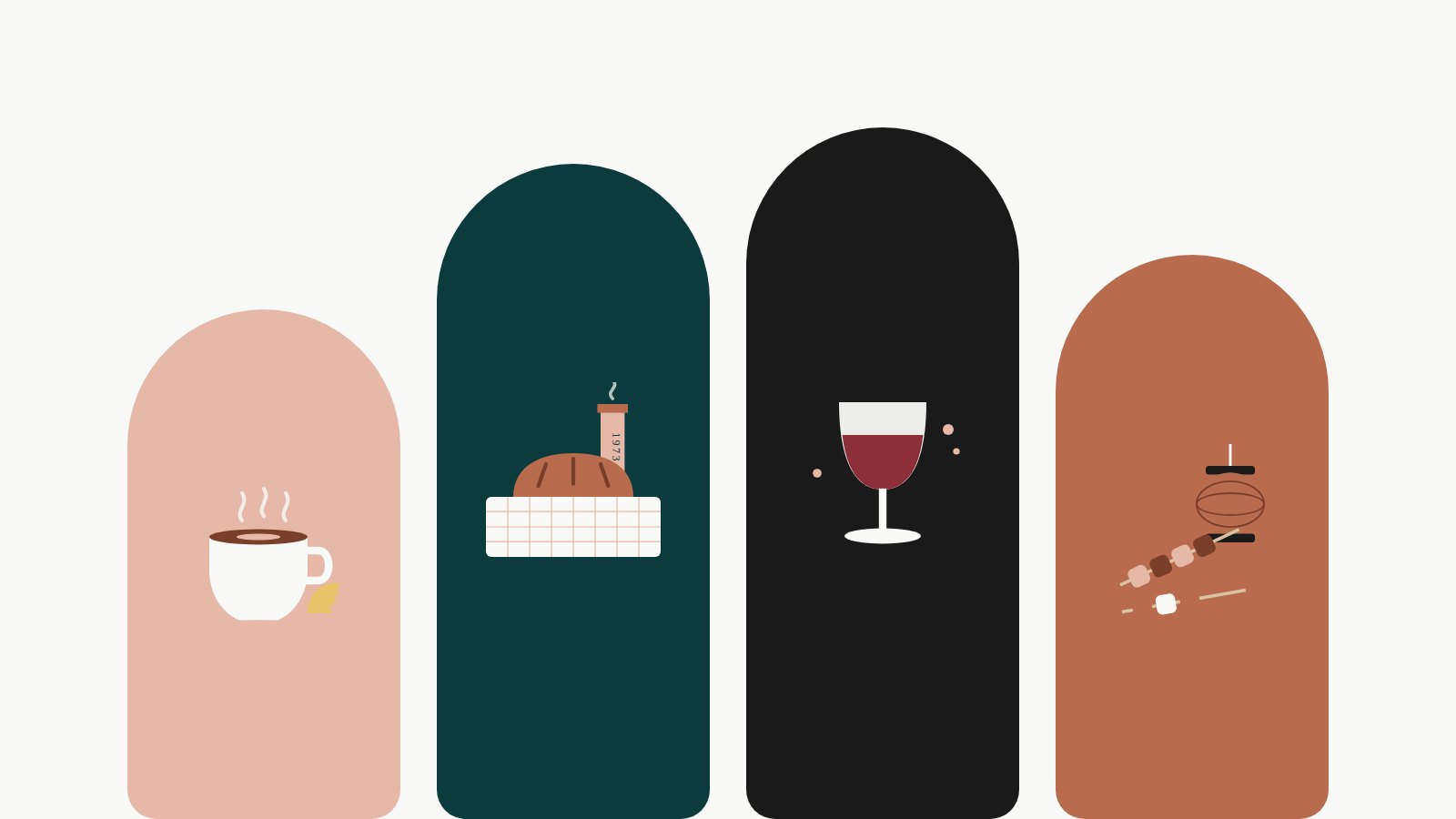 Illustration of coffee, bread, wine and grilled skewers for Sangdo cafés and bars